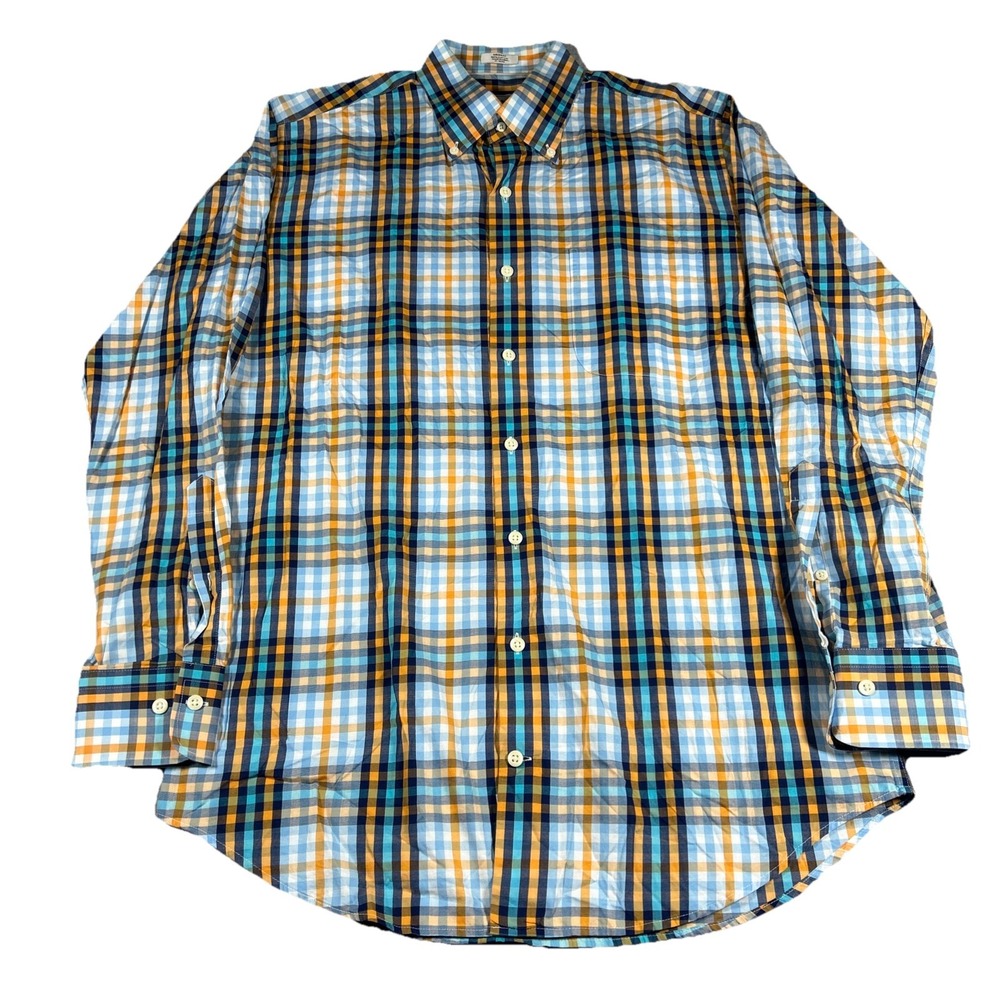 Peter Millar Mens M Plaid Blue Orange Button Down Long Sleeve Shirt Cotton